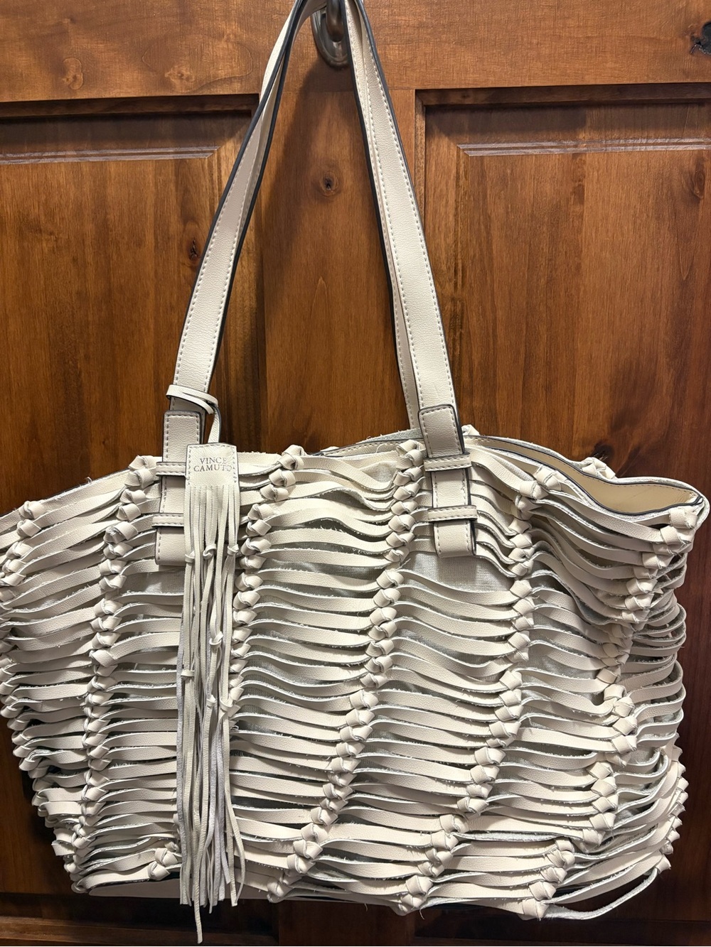 Vince Camuto Ivory Woven Fringe Tote